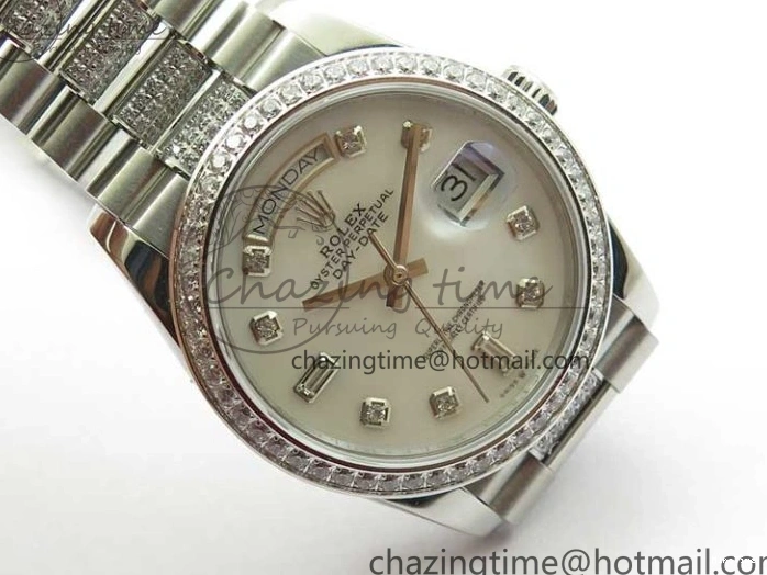 MiroTime 0128 Day-Date 36mm 128239 SS Crystal BP Best Edition White MOP Crystal Marker Dial on SS President Bracelet A MoistureWicking 2682
